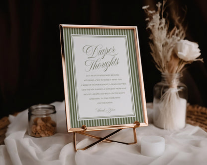 Martini Striped Baby Shower Diaper Thoughts Sign Template, Olive Green Theme Baby Sprinkle, A Tini Little One Brunch with Mom to Be WP1092