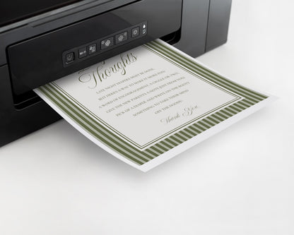 Martini Striped Baby Shower Diaper Thoughts Sign Template, Olive Green Theme Baby Sprinkle, A Tini Little One Brunch with Mom to Be WP1092