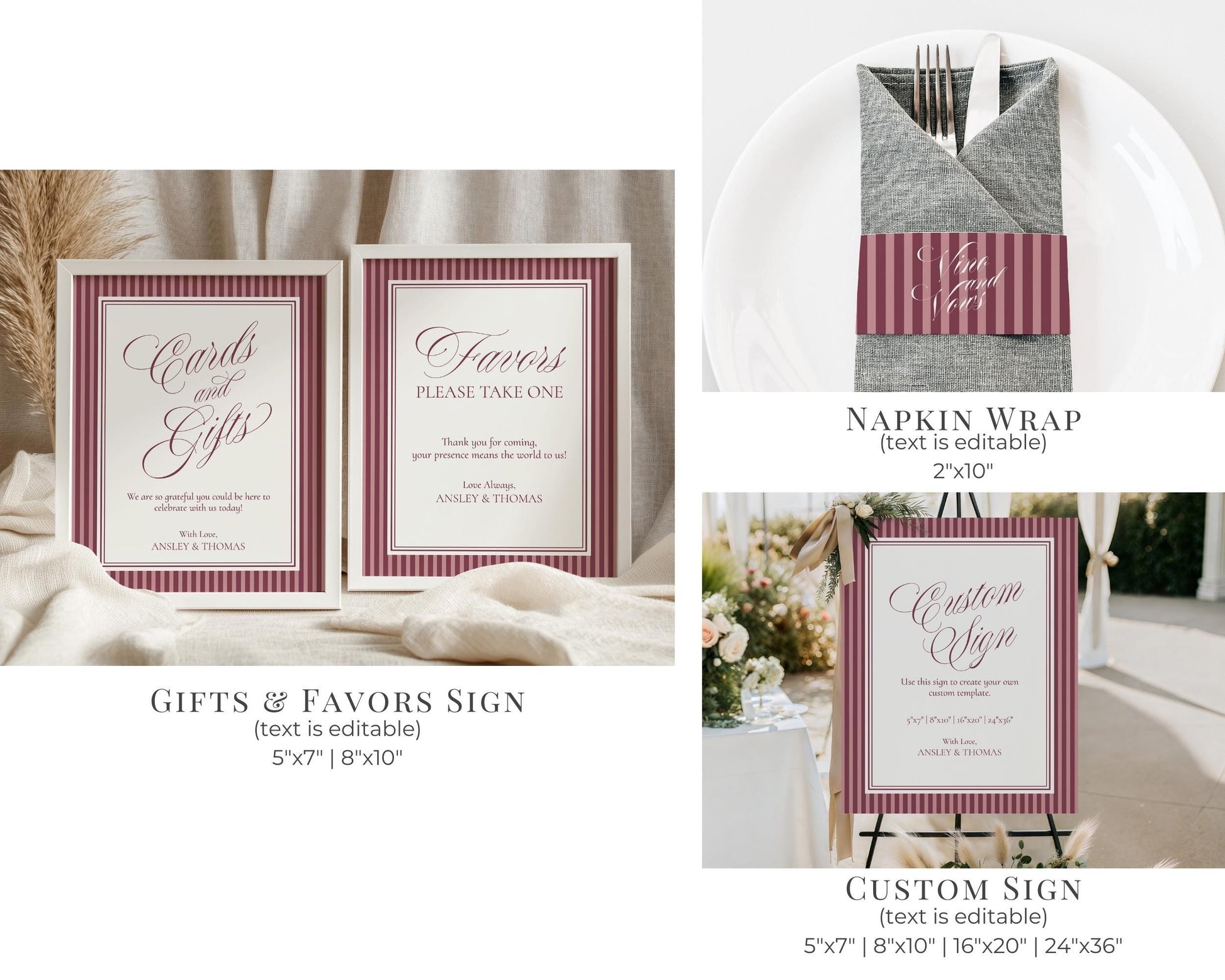 Wine Striped Baby Shower Bundle Printable Template, Burgundy Theme Baby Sprinkle, Sip Sip Hooray Brunch with Mom to Be WP1093