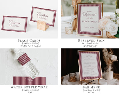 Wine Striped Rehearsal Dinner Template Bundle, Burgundy Old Money Vino and Vows Night Before Dinner, Modern Vintage Cocktail Theme WP1093