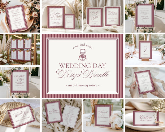 Wine Striped Wedding Template Bundle, Burgundy Old Money Wedding Ceremony Decor, Vino Modern Vintage Wedding Reception WP1093