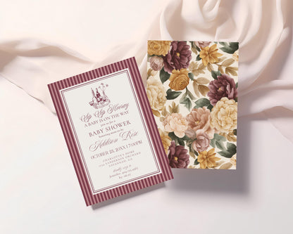 Wine Striped Baby Shower Invitation Printable Template, Burgundy Theme Baby Sprinkle, Sip Sip Hooray Brunch with Mom to Be WP1093