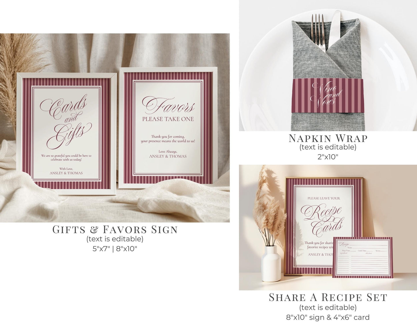 Wine Striped Bridal Shower Template Bundle, Burgundy Old Money Vino Before Vows Bridal Brunch, Modern Vintage Brunch with Bride WP1093