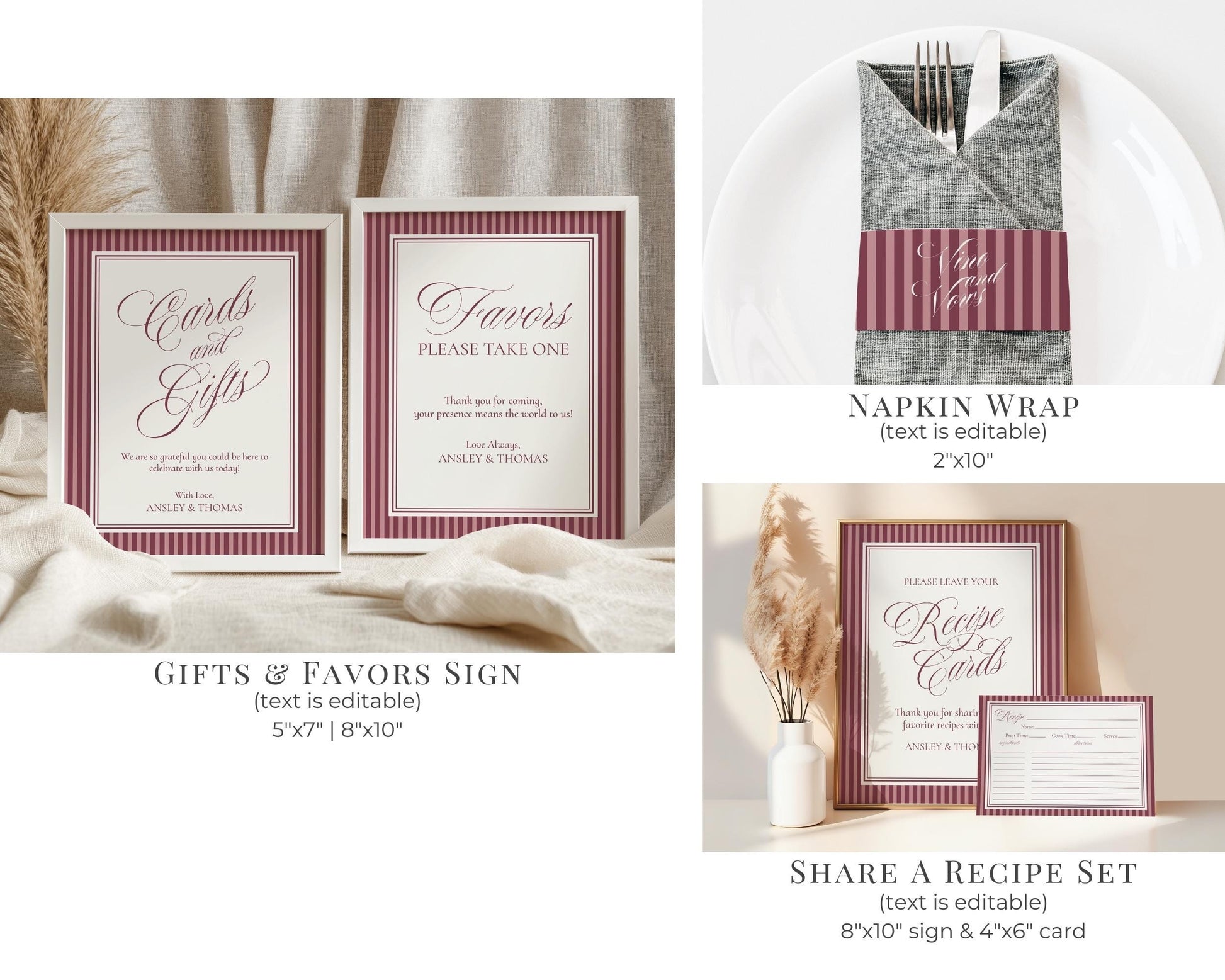 Wine Striped Bridal Shower Template Bundle, Burgundy Old Money Vino Before Vows Bridal Brunch, Modern Vintage Brunch with Bride WP1093