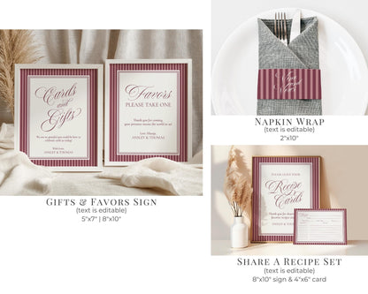 Wine Striped Bridal Shower Template Bundle, Burgundy Old Money Vino Before Vows Bridal Brunch, Modern Vintage Brunch with Bride WP1093