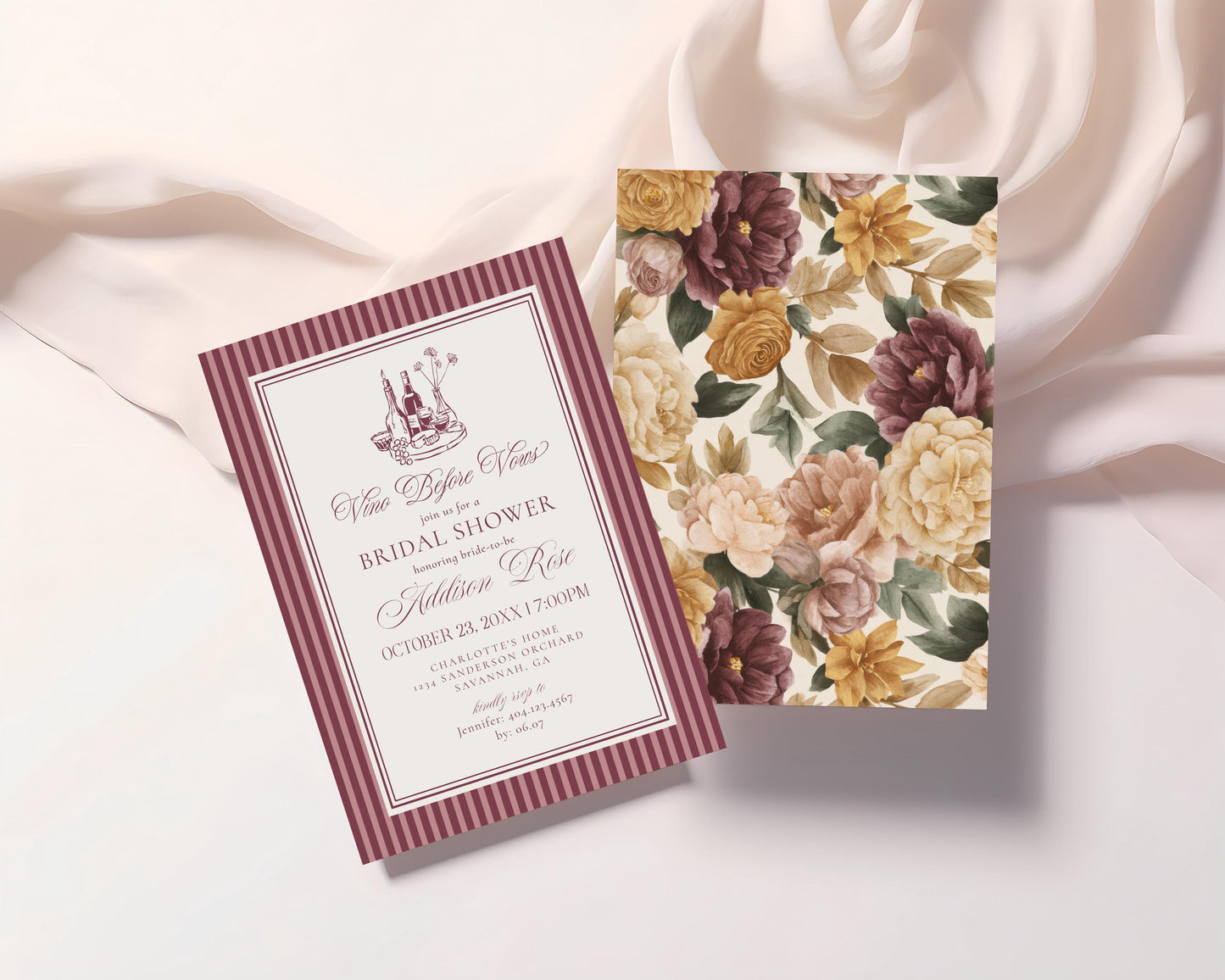 Wine Striped Bridal Shower Invitation Template, Burgundy Old Money Vino Before Vows Bridal Brunch, Modern Vintage Brunch with Bride WP1093