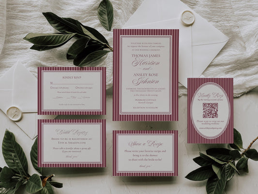 Wine Striped Wedding Invitation Template, Burgundy Old Money Wedding Ceremony Decor, Vino Modern Vintage Wedding Reception WP1093