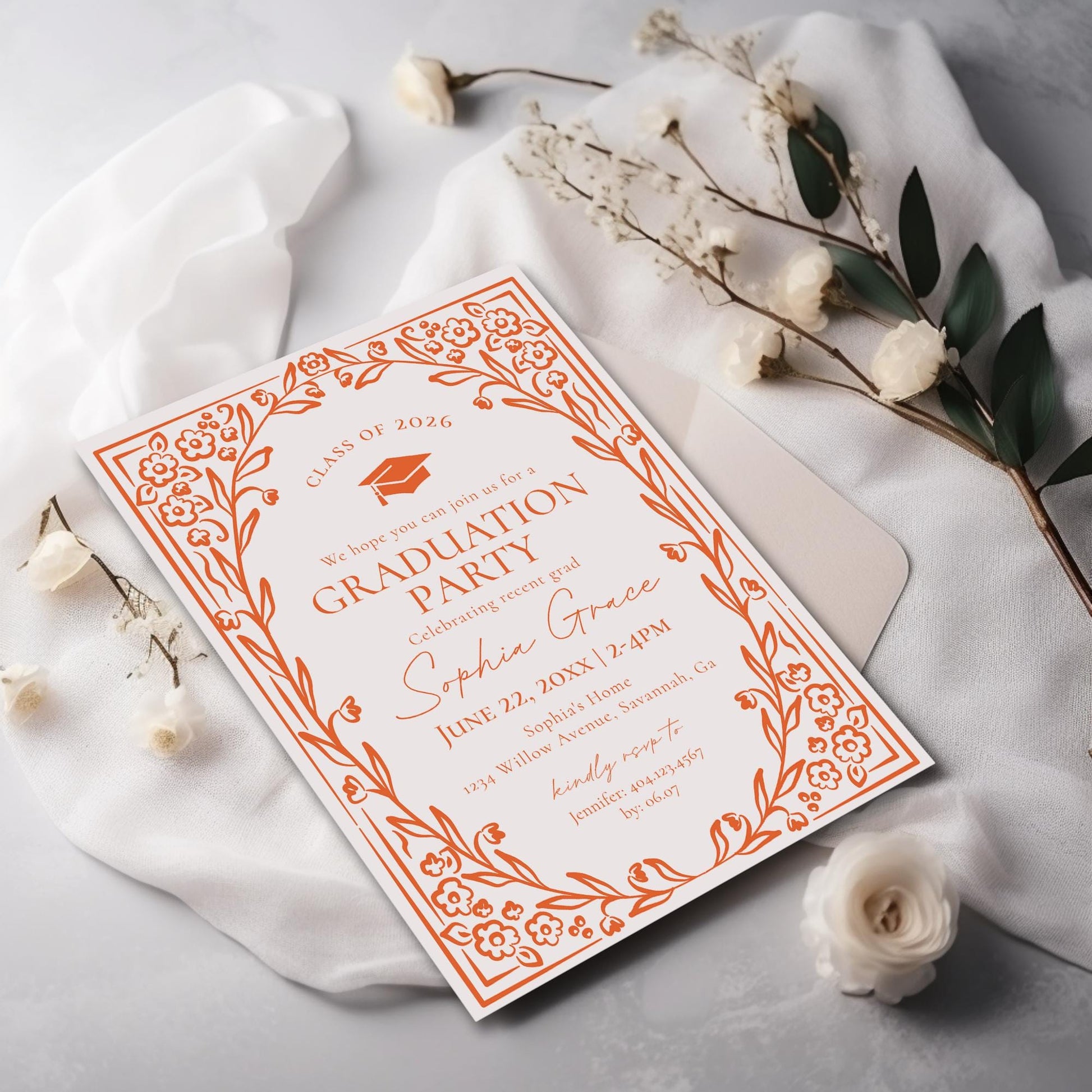 Orange Floral Graduation Party Invitation Template, Colors are Editable