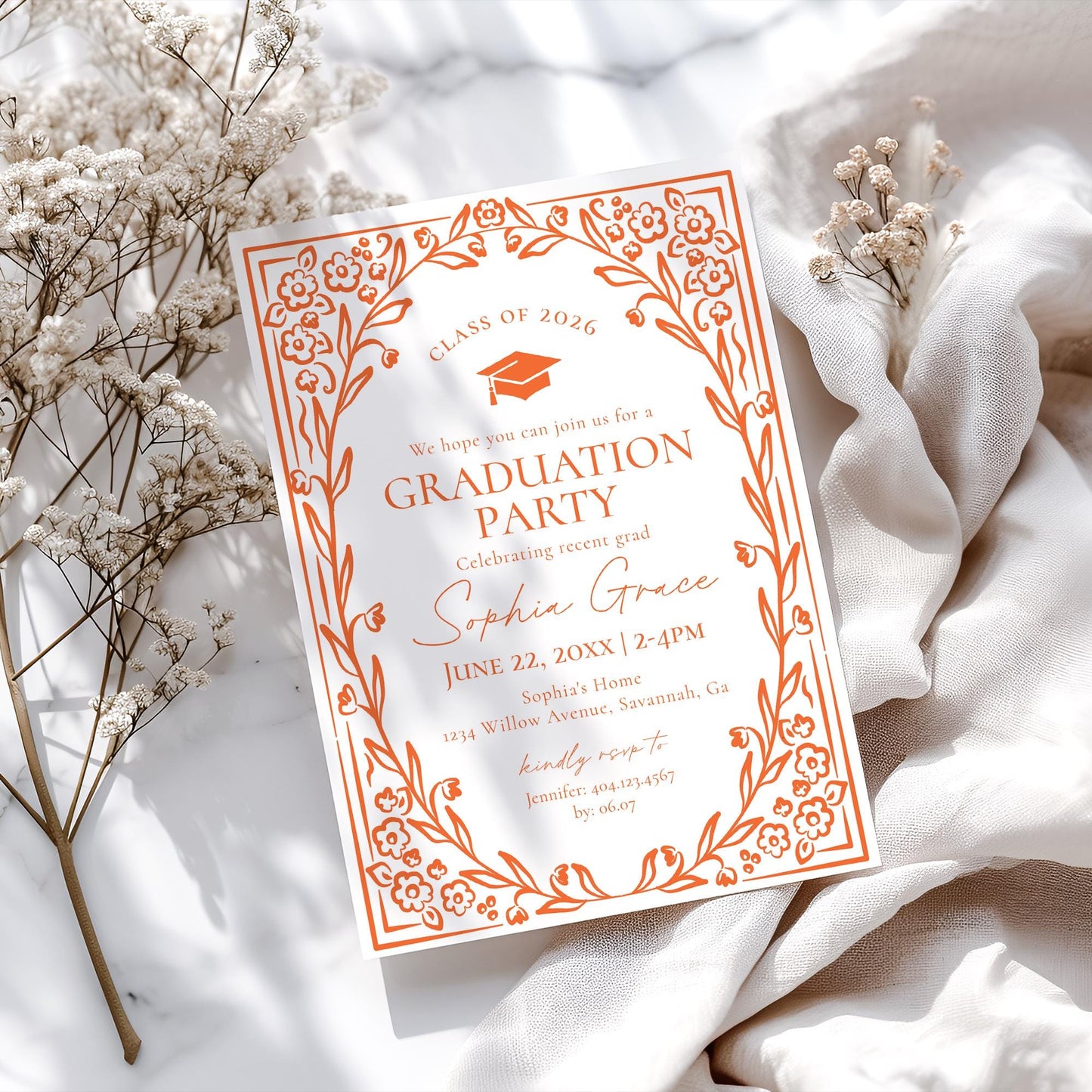 Orange Floral Graduation Party Invitation Template, Colors are Editable