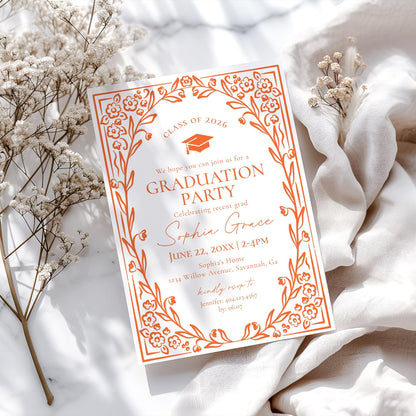 Orange Floral Graduation Party Invitation Template, Colors are Editable