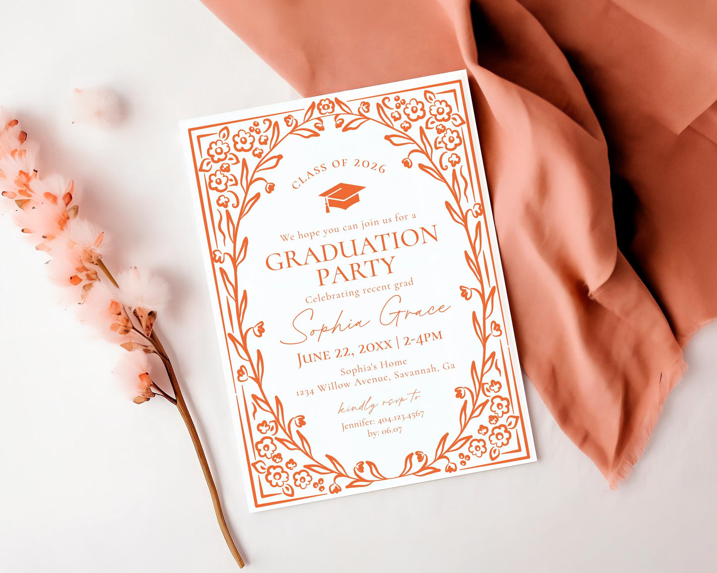 Orange Floral Graduation Party Invitation Template, Colors are Editable