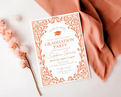Orange Floral Graduation Party Invitation Template, Colors are Editable