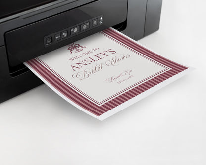 Wine Striped Bridal Shower Welcome Sign Template, Burgundy Old Money Vino Before Vows Bridal Brunch, Modern Vintage Brunch with Bride WP1093