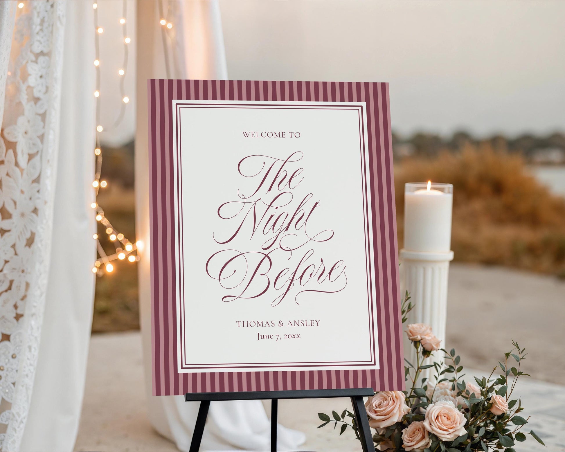 Wine Striped Rehearsal Dinner Welcome Sign Template, Burgundy Old Money Vino and Vows Night Before Dinner, Modern Vintage Cocktail WP1093