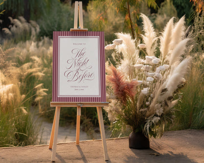 Wine Striped Rehearsal Dinner Welcome Sign Template, Burgundy Old Money Vino and Vows Night Before Dinner, Modern Vintage Cocktail WP1093