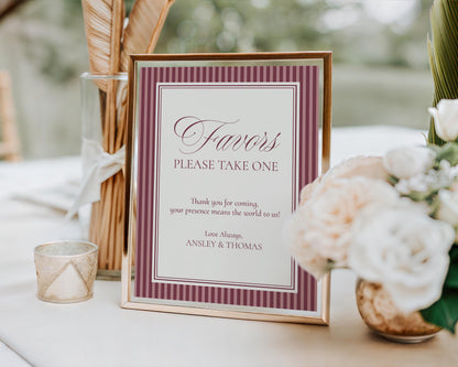 Wine Striped Cards & Gifts and Favors Sign Template, Old Money Bridal Shower, Burgundy Wedding, Vintage Night Before Rehearsal Dinner WP1093