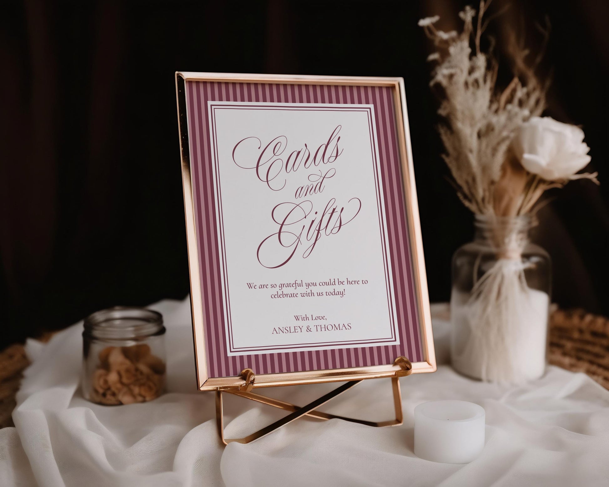 Wine Striped Cards & Gifts and Favors Sign Template, Old Money Bridal Shower, Burgundy Wedding, Vintage Night Before Rehearsal Dinner WP1093
