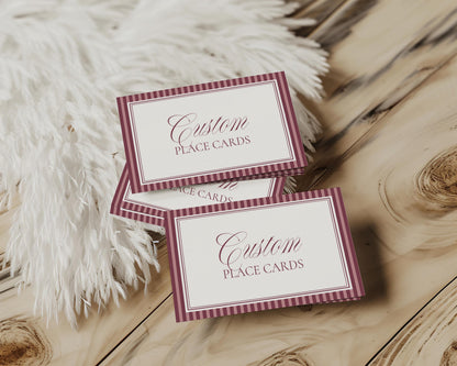 Wine Striped Place Cards Template, Old Money Bridal Shower, Burgundy Wedding, Modern Vintage Night Before Rehearsal Dinner WP1093