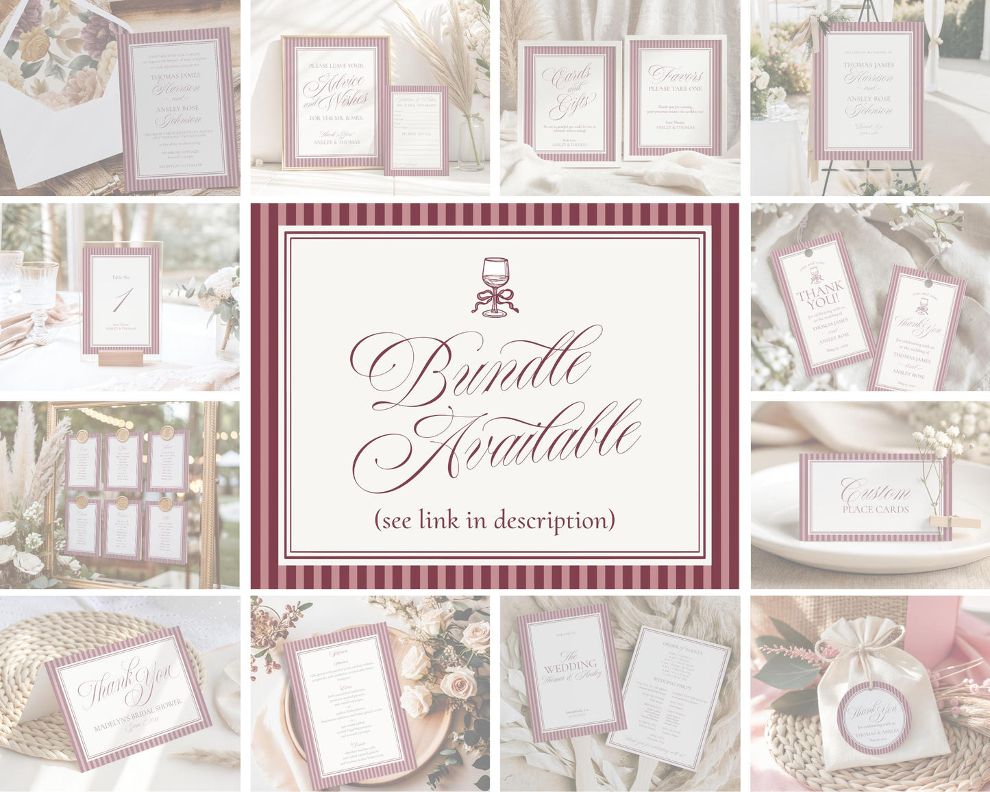 Wine Striped Thank You Card Template, Old Money Bridal Shower, Burgundy Wedding, Modern Vintage Night Before Rehearsal Dinner WP1093