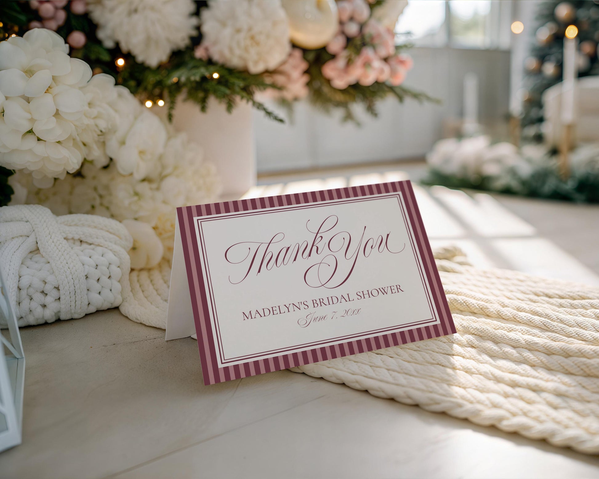 Wine Striped Thank You Card Template, Old Money Bridal Shower, Burgundy Wedding, Modern Vintage Night Before Rehearsal Dinner WP1093