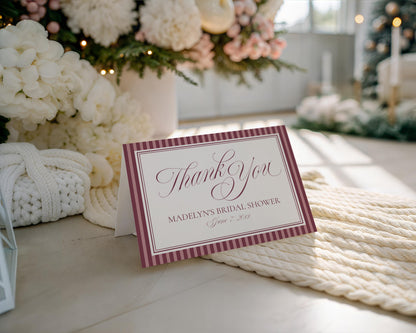 Wine Striped Thank You Card Template, Old Money Bridal Shower, Burgundy Wedding, Modern Vintage Night Before Rehearsal Dinner WP1093