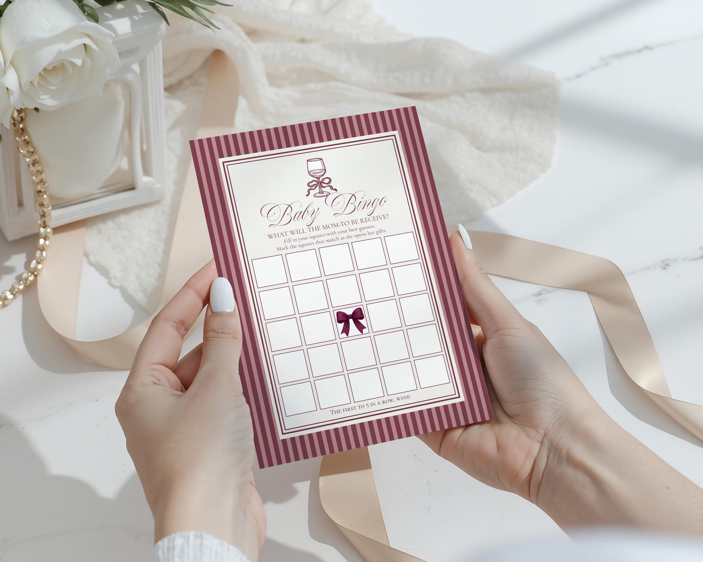 Wine Striped Baby Shower Games Template, Burgundy Theme Baby Sprinkle, Sip Sip Hooray Brunch with Mom to Be WP1093