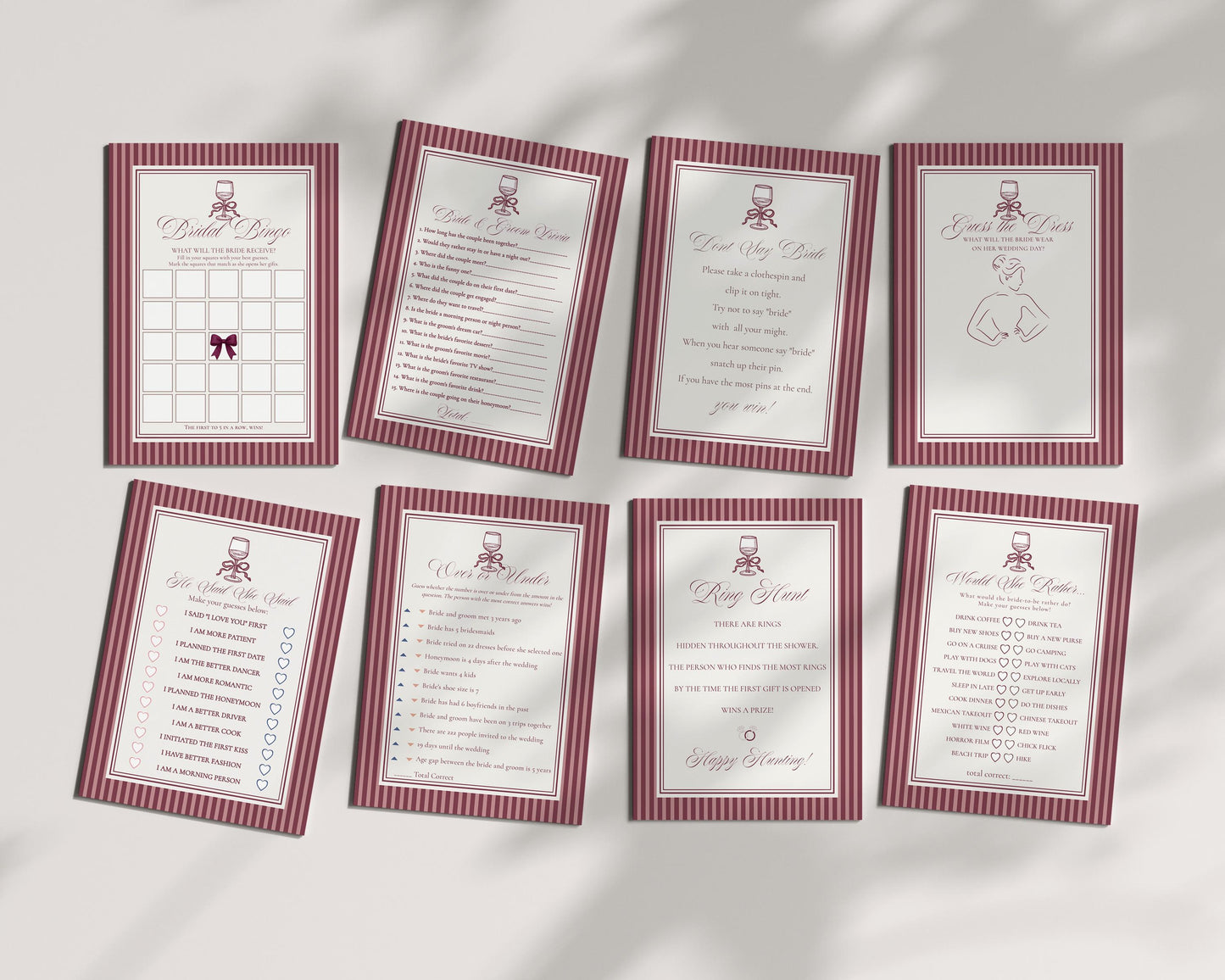 Wine Striped Bridal Shower Games Template, Burgundy Old Money Vino Before Vows Bridal Brunch, Modern Vintage Brunch with Bride WP1093