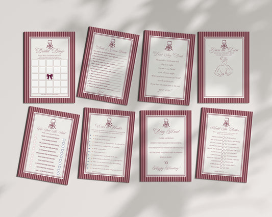 Wine Striped Bridal Shower Games Template, Burgundy Old Money Vino Before Vows Bridal Brunch, Modern Vintage Brunch with Bride WP1093