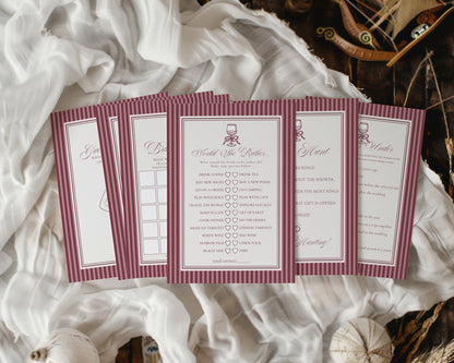 Wine Striped Bridal Shower Games Template, Burgundy Old Money Vino Before Vows Bridal Brunch, Modern Vintage Brunch with Bride WP1093