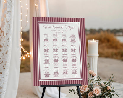 Wine Striped Seating Chart Poster Template, Old Money Bridal Shower, Burgundy Wedding, Modern Vintage Night Before Rehearsal Dinner WP1093