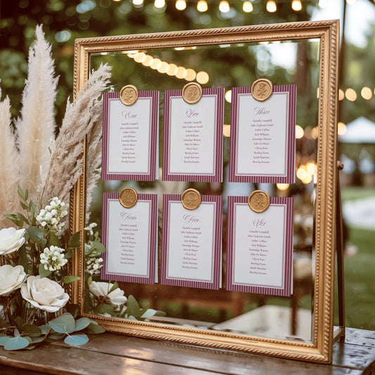 Wine Striped Seating Chart Cards Template, Old Money Bridal Shower, Burgundy Wedding, Modern Vintage Night Before Rehearsal Dinner WP1093