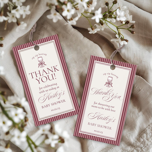 Wine Striped Baby Shower Favor Tags Template, Burgundy Theme Baby Sprinkle, Sip Sip Hooray Brunch with Mom to Be WP1093