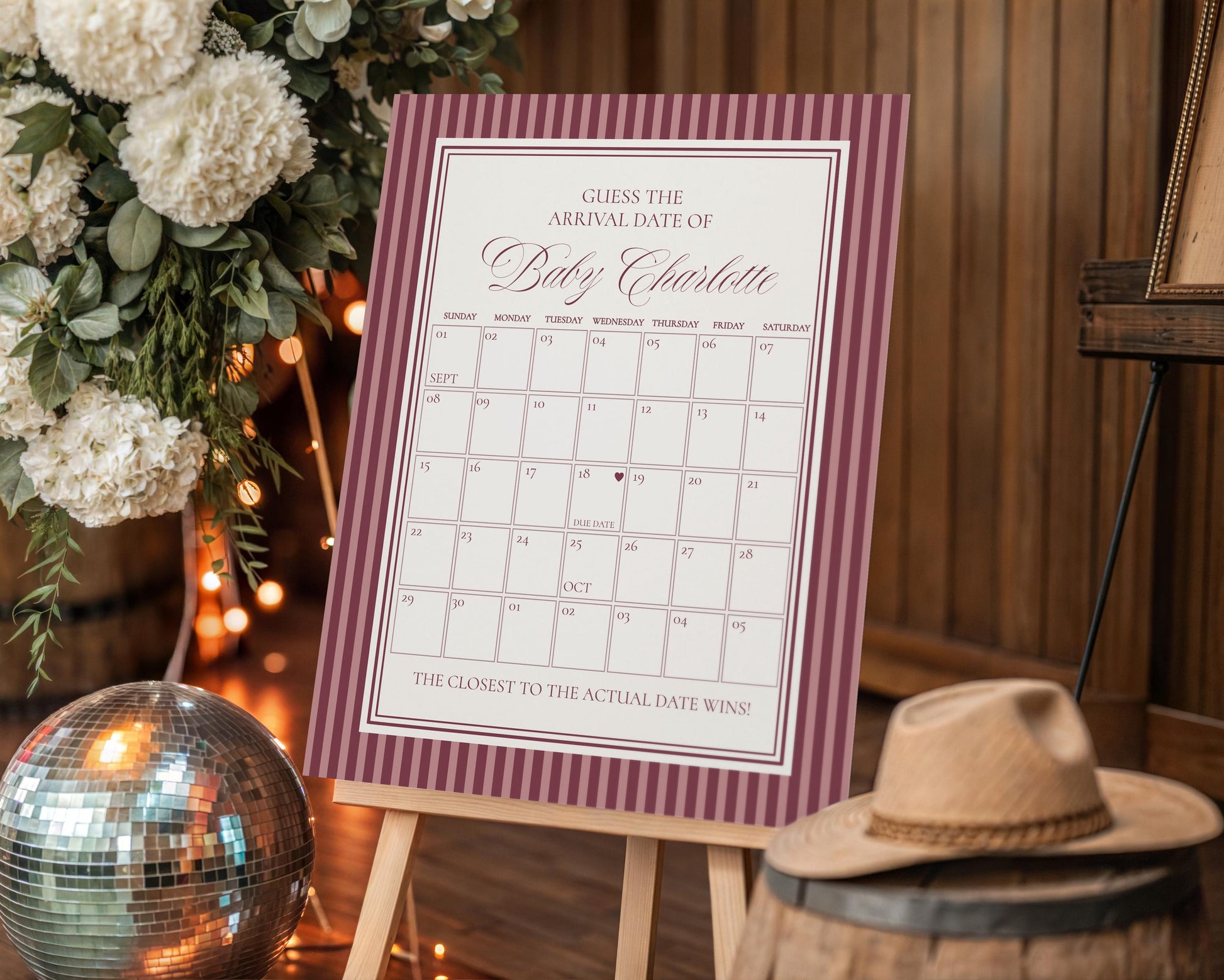 Wine Striped Baby Shower Guess the Date Game Template, Burgundy Theme Baby Sprinkle, Sip Sip Hooray Brunch with Mom to Be WP1093