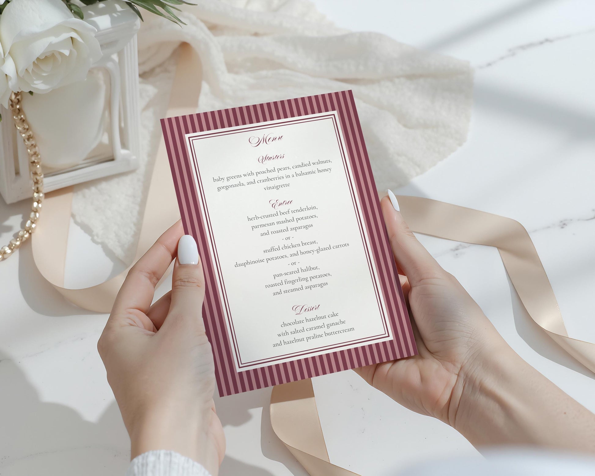 Wine Striped Menu Template, Old Money Bridal Shower, Burgundy Wedding, Modern Vintage Night Before Rehearsal Dinner WP1093