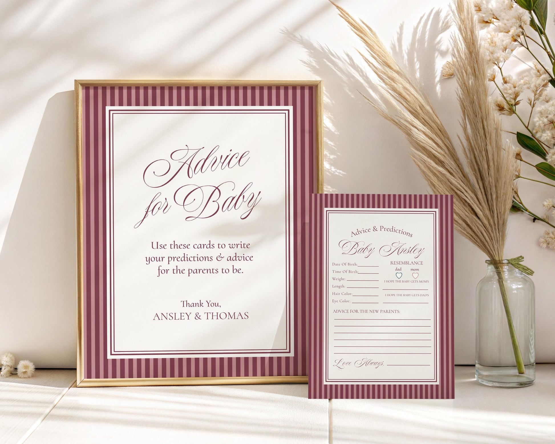 Wine Striped Advice for Baby Shower Cards Template, Burgundy Theme Baby Sprinkle, Sip Sip Hooray Brunch with Mom to Be WP1093