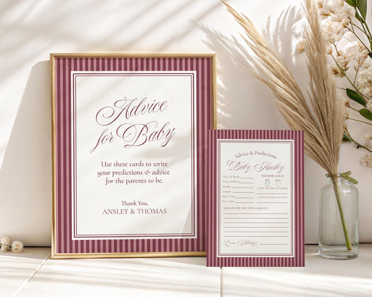 Wine Striped Advice for Baby Shower Cards Template, Burgundy Theme Baby Sprinkle, Sip Sip Hooray Brunch with Mom to Be WP1093