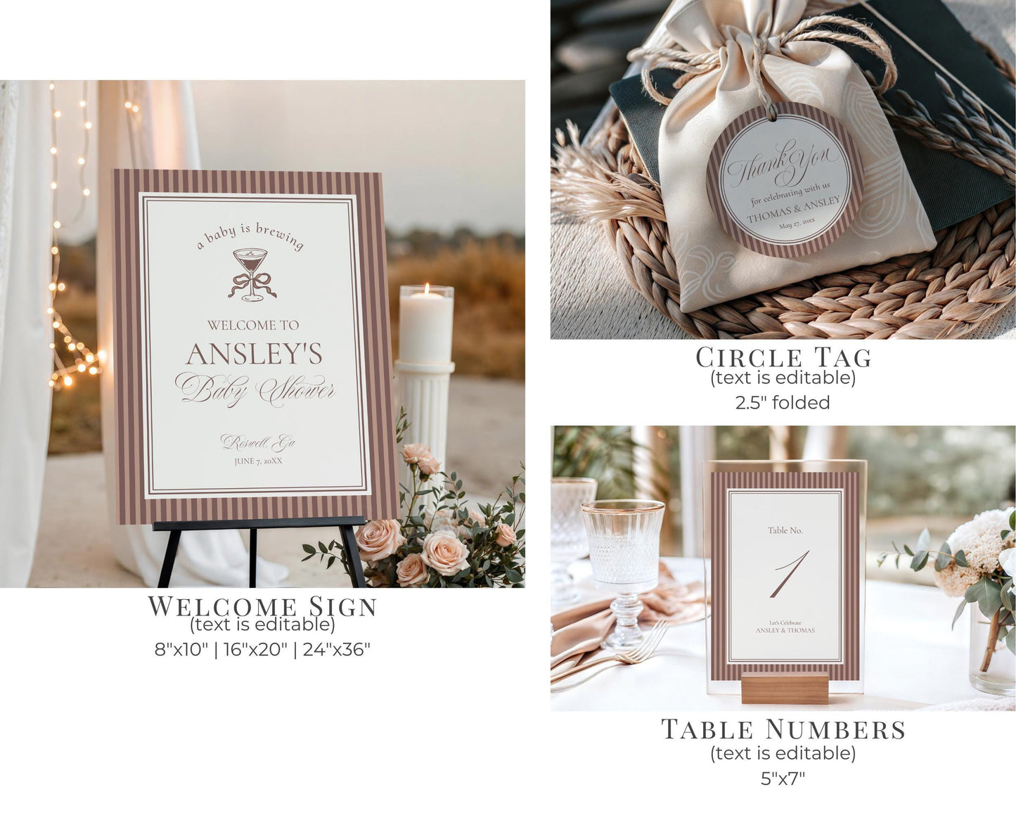 Espresso Martini Striped Baby Shower Bundle Printable Template, Mocha Brown Coffee Baby Sprinkle, Baby is Brewing Brunch with Mom WP1091