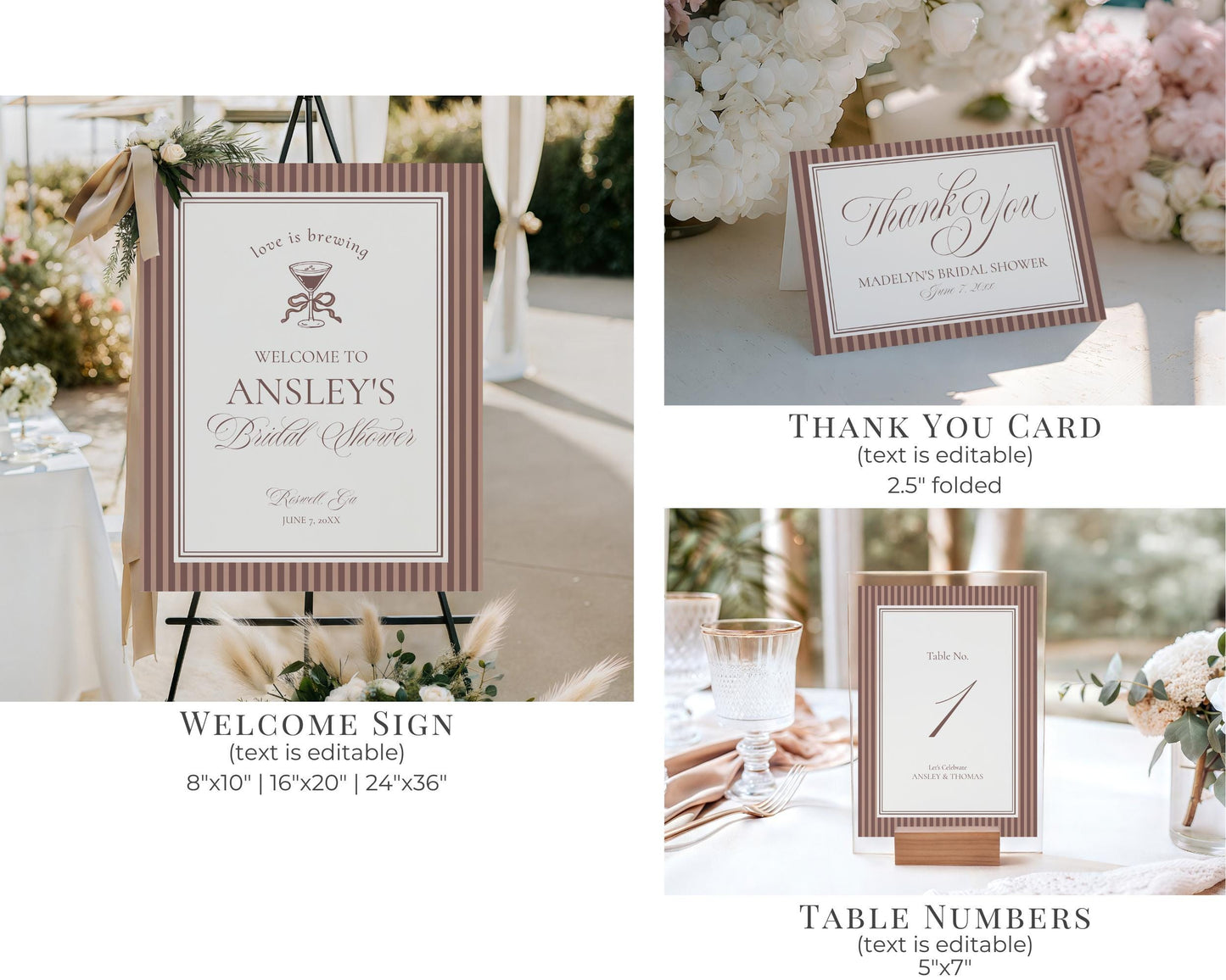 Espresso Martini Striped Bridal Shower Template Bundle, Old Money Love is Brewing Bridal Brunch, Perfect Match Modern Vintage Party WP1091