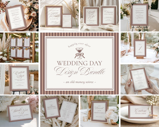 Espresso Martini Striped Wedding Template Bundle, Old Money Wedding Ceremony Decor, Modern Vintage Wedding Reception Decorations WP1091