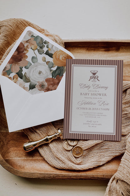 Espresso Striped Baby Shower Invitation Printable Template, Mocha Brown Coffee Theme Baby Sprinkle, Baby is Brewing Brunch with Mom WP1091