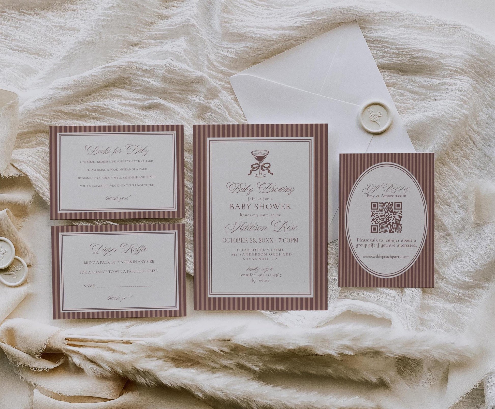 Espresso Striped Baby Shower Invitation Printable Template, Mocha Brown Coffee Theme Baby Sprinkle, Baby is Brewing Brunch with Mom WP1091