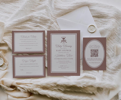 Espresso Striped Baby Shower Invitation Printable Template, Mocha Brown Coffee Theme Baby Sprinkle, Baby is Brewing Brunch with Mom WP1091