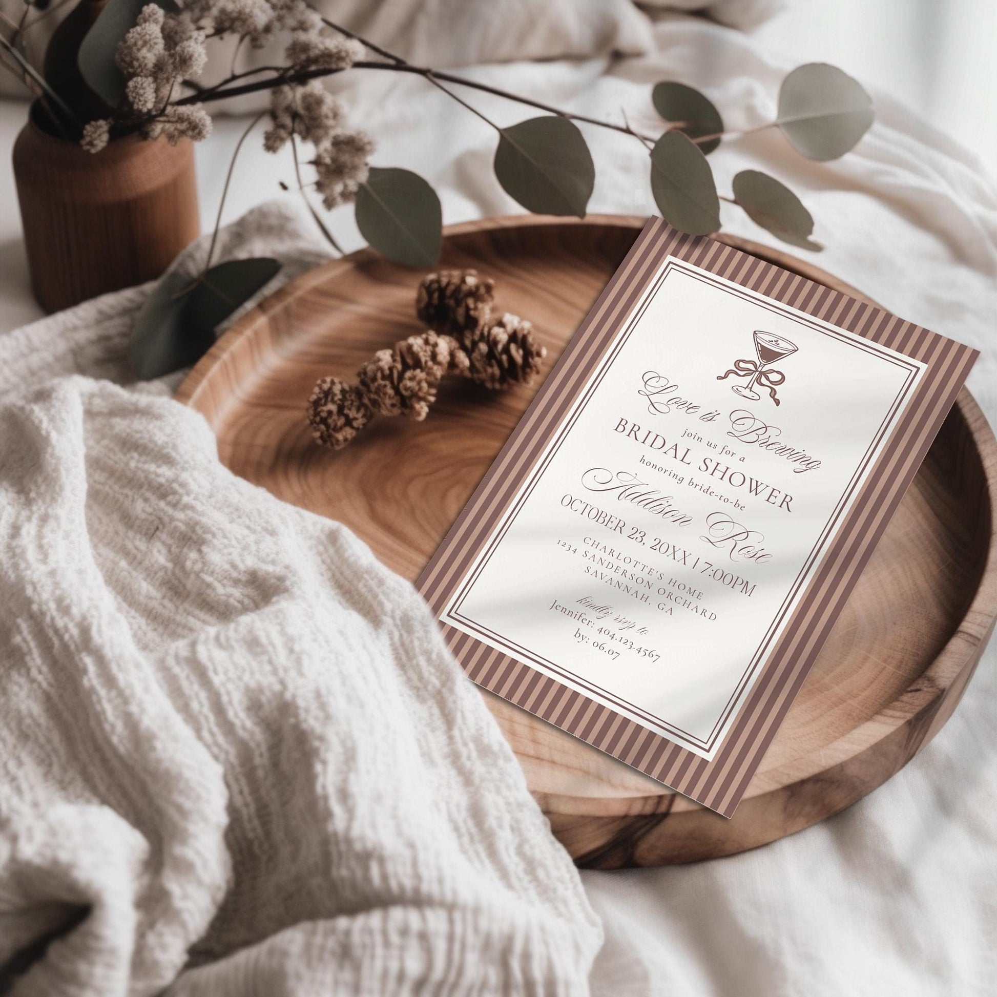 Espresso Martini Striped Bridal Shower Invitation Template, Old Money Love is Brewing Bridal Brunch, Modern Vintage Brunch with Bride WP1091