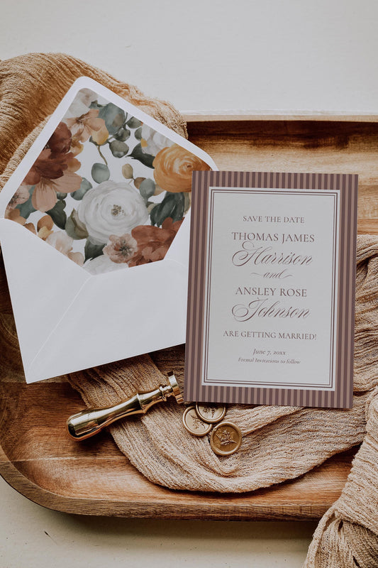 Espresso Martini Striped Save the Date Template, Old Money Wedding Engagement Announcement, Modern Vintage Wedding WP1091