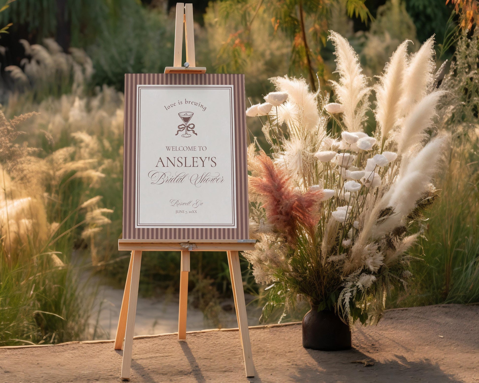 Espresso Martini Striped Bridal Shower Welcome Sign Template, Old Money Bridal Brunch, Modern Vintage Brunch with Bride, Love Brewing WP1091