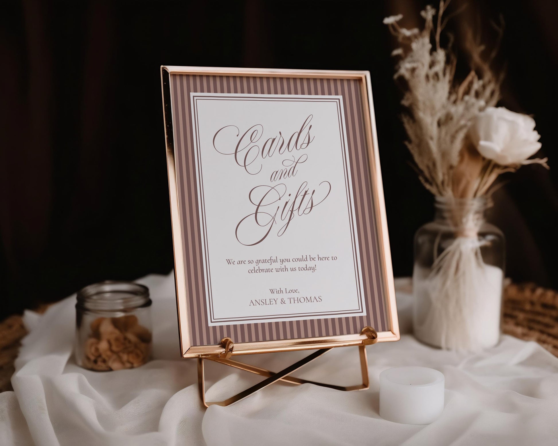 Espresso Striped Cards & Gifts and Favors Sign Template, Old Money Wedding, The Night Before Rehearsal Dinner, Modern Vintage Shower WP1091