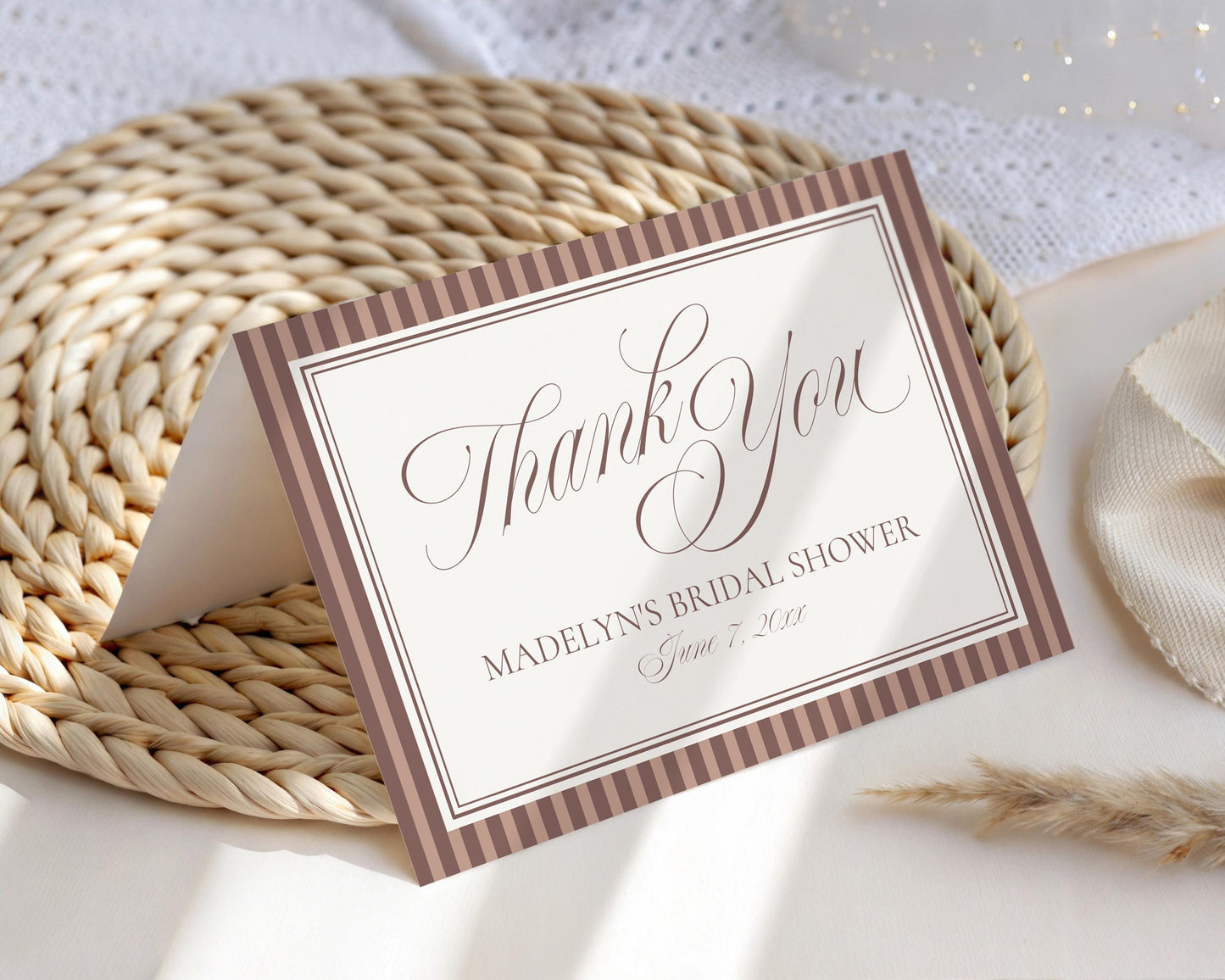 Espresso Martini Striped Thank You Card Template, Old Money Bridal Shower, Night Before Rehearsal Dinner, Modern Vintage Wedding WP1091