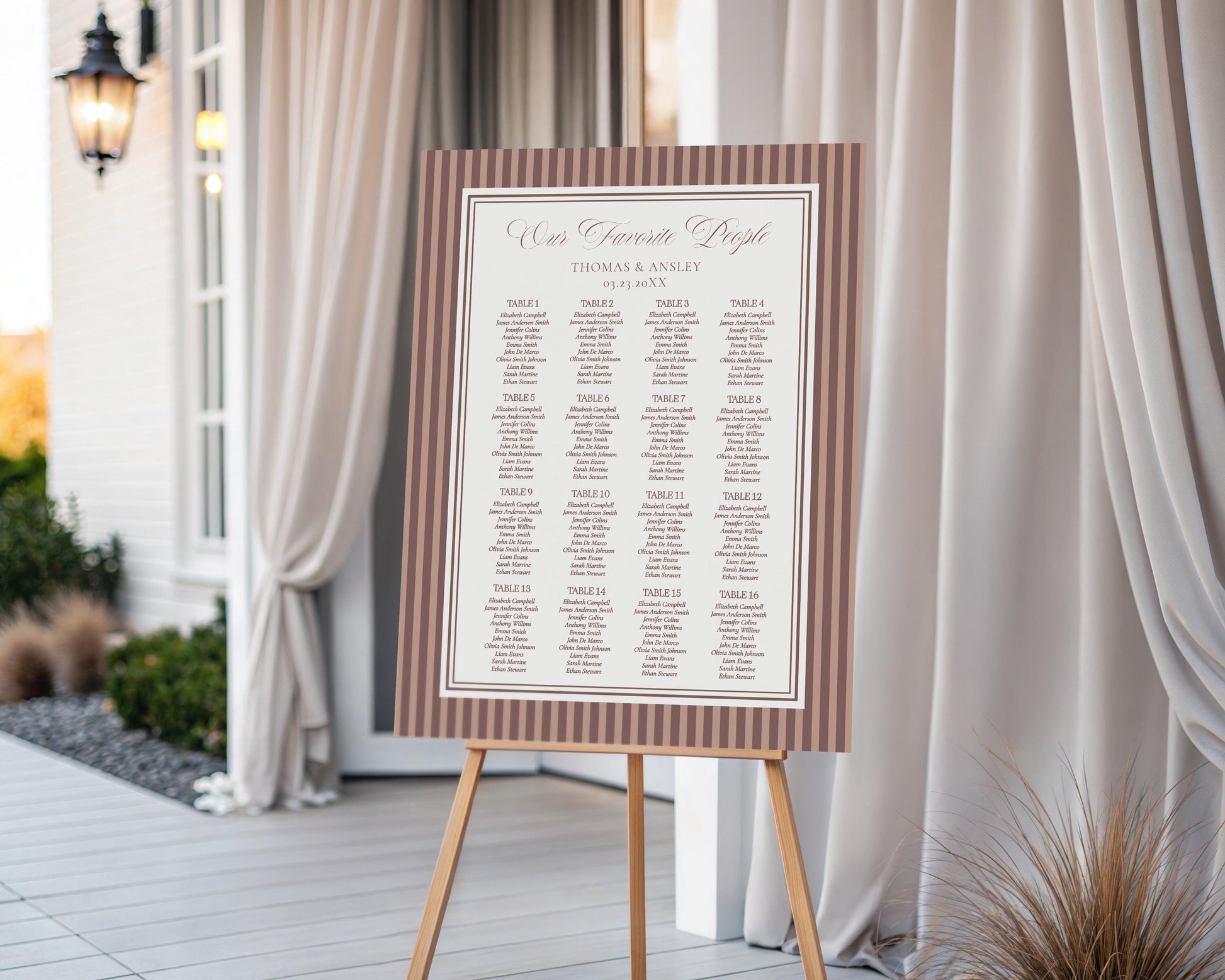 Espresso Striped Seating Chart Cards Template, Old Money Wedding, Night Before Rehearsal Dinner, Modern Vintage Bridal Shower WP1091