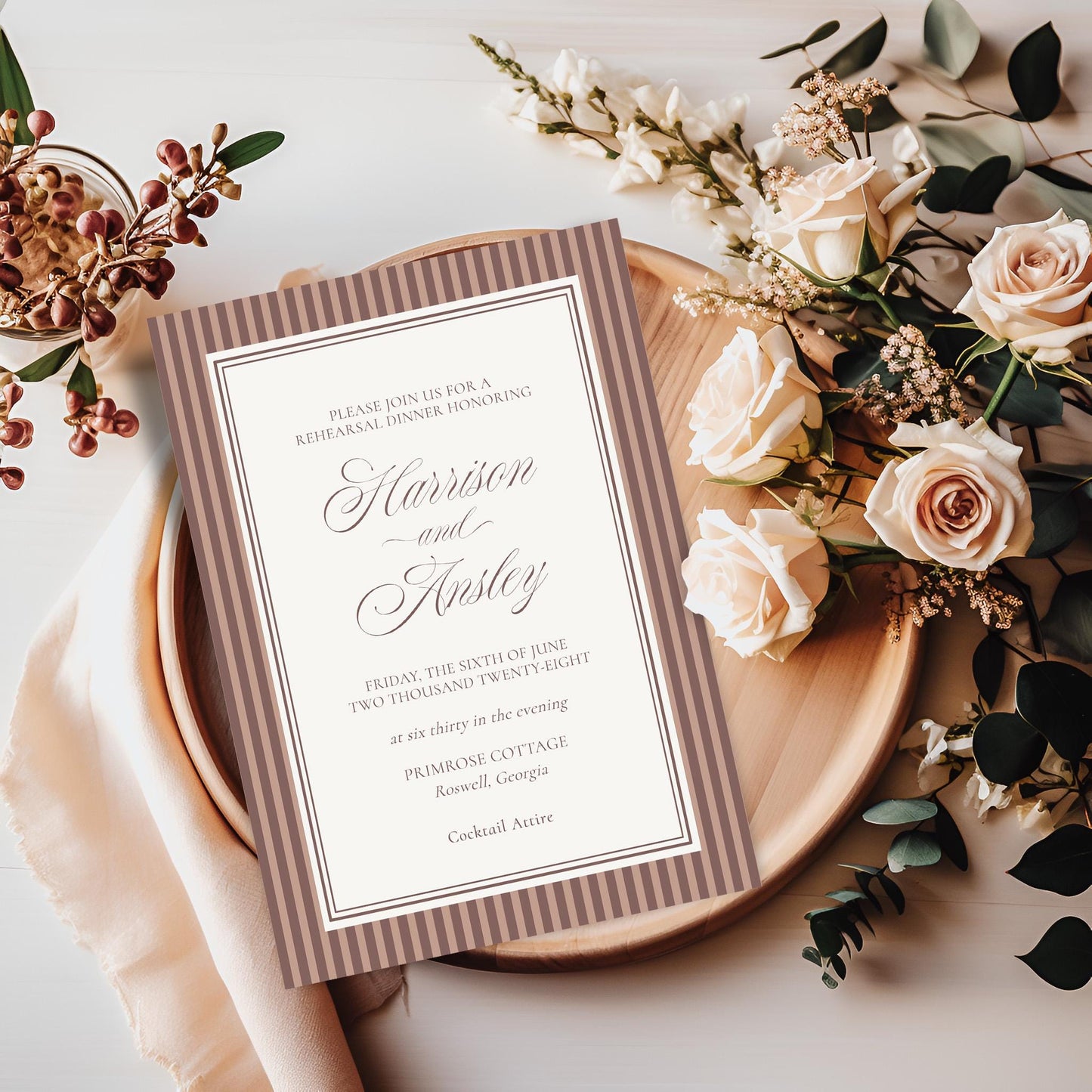 Espresso Martini Striped Rehearsal Dinner Invite Template, Old Money Love Brewing Night Before, Modern Vintage Coffee Cafe Rehearsal WP1091