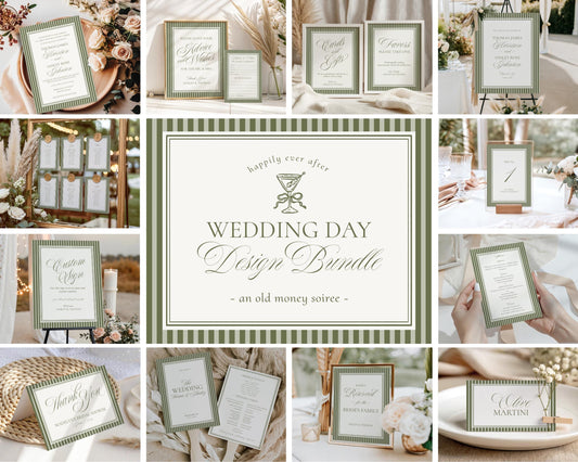 Martini Striped Wedding Template Bundle, Olive Green Old Money Wedding Ceremony Decor, Sage Modern Vintage Wedding Reception WP1092